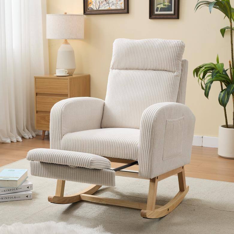 Rocking Chair with Wood Legs, Upholstered Nursery Glider Rocker, Comfy Armchair with Side Pocket, Living Room Lounge Arm Chair