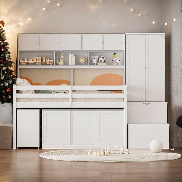 slide 2 of 31, Twin Size Wooden Loft Bed with Desk, Drawers and Shelves, White White