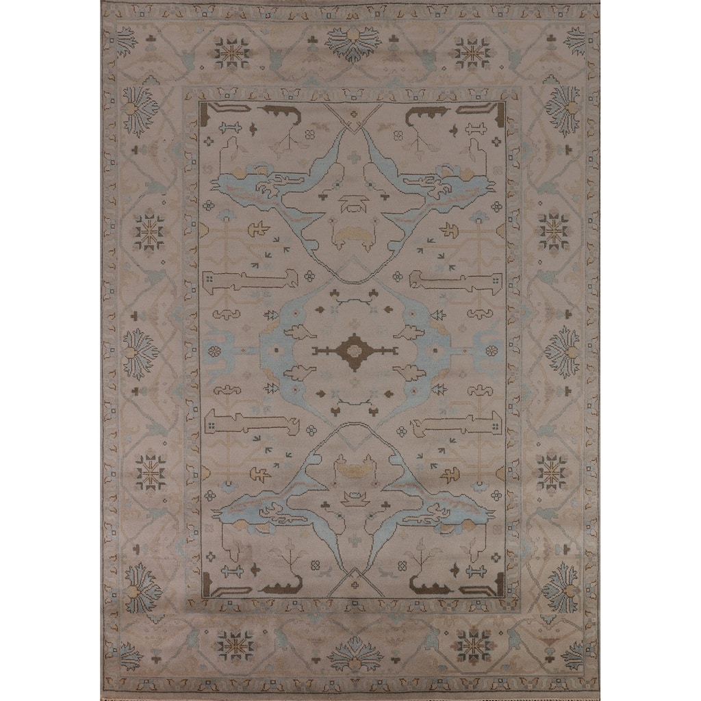 All-Over Beige Oushak Indian Area Rug Hand-Knotted Wool Carpet - 9'2" x 11'8"
