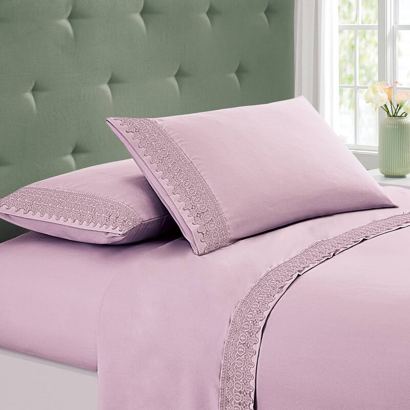 Embroidered Lace Design 4-Piece Sheet Set - Purple - Twin