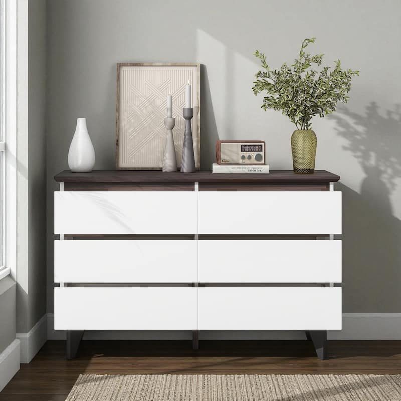 Wide 6-Drawer Storage Cabinet Modern Chest of Drawers for Bedroom Living Room Office Organizer Large Capacity Dresser - White