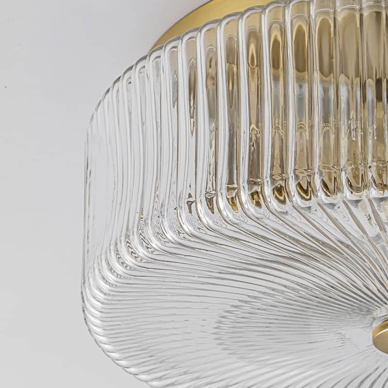 Mid-Century Modern Gold 3-Light Ribbed Glass Drum Flush Mount Ceiling Light