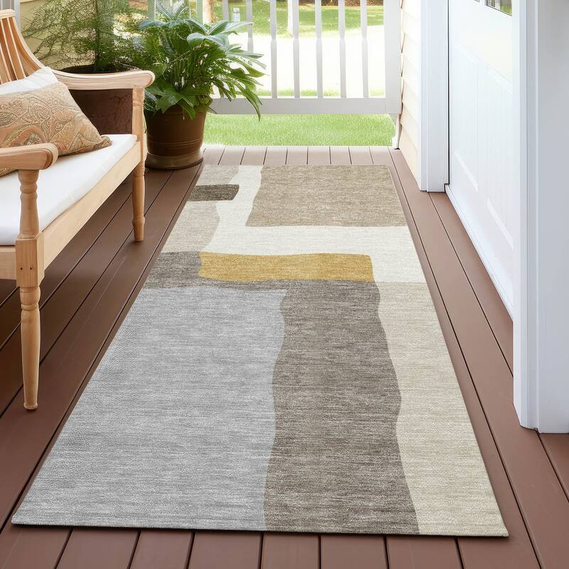 Machine Washable Indoor/ Outdoor Contemporary Blox Chantille Rug - Beige - 2'3" x 7'6"
