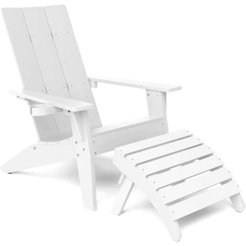 WINSOON 2-Piece All Weather HIPS Outdoor Adirondack Chair with Cup-Holder and Ottoman - White