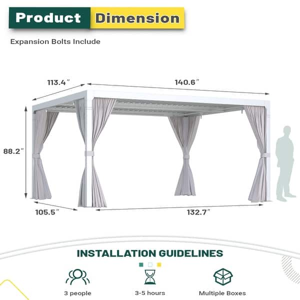 dimension image slide 21 of 30, EROMMY Outdoor Louvered Pergola Gazebo with Adjustable Aluminum Rainproof Roof