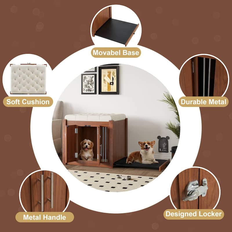 ‌30.25"L 2-in-1 Walnut Dog Crate with Padded Seat & Barn Door, Doubles as Ottoman with Removable Cushion.