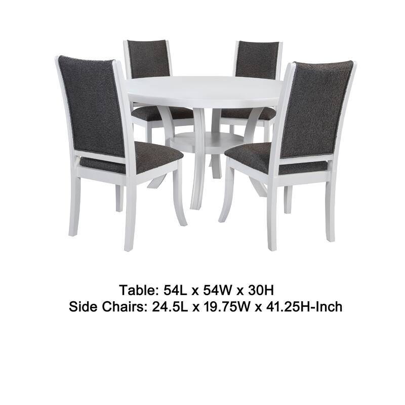 Judy 5pc Round Dining Table Set, Flared Legs, Gray Fabric, White Wood