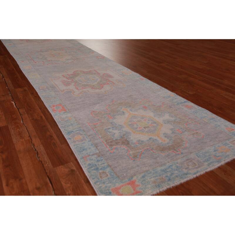 Hand Knotted Oriental 100% Wool Carpet Transitional Geometric Purples Oushak Runner Rug - 11' 11'' X 2' 10''