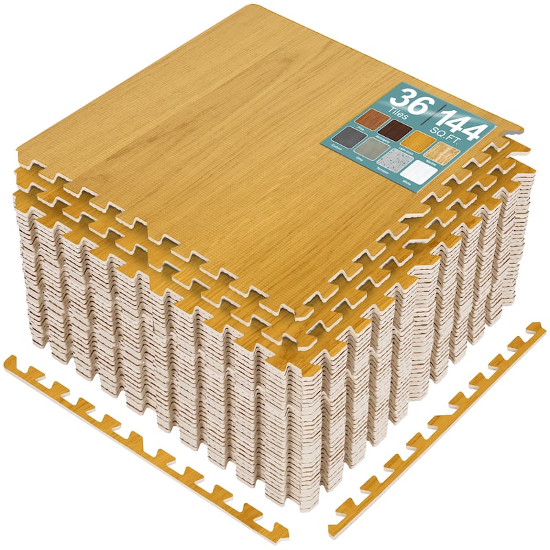 Sorbus 144 Sq. Ft. Wood Grain Floor Tiles Foam Mat EVA Interlocking Mats Tile 3/8-Inch Thick Flooring Wood Puzzle Exercise Mats - Golden Brown Wood Grain