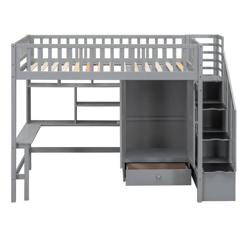 Gray Twin Size Loft Bed with Storage Stairs, Desk and Wardrobe, Stairway High LoftBed with Bookshelf & Drawers, Wooden Bedframe