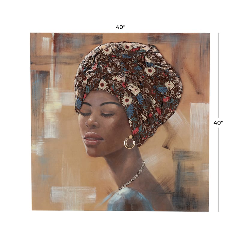 Canvas Woman Wall Art with 3D Fabric Headwear And Gold Jewels - Brown - Roche River Decor