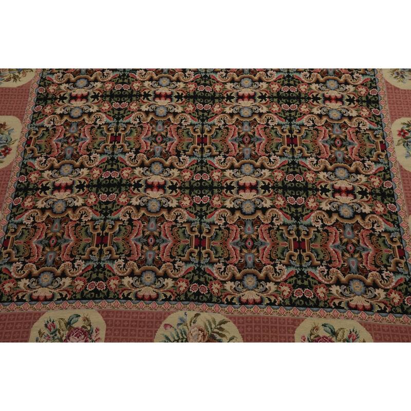 7'8''x9'8'' Hand Woven Wool Black Aubusson Needlepoint Floral Area Rug - 7' 8'' x 9' 8''