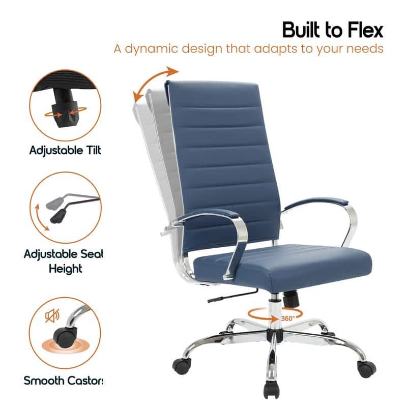 Benmar High-Back Leather Office Desk Chair in Stainless Steel Frame Adjustable Height Tilt Lock 360 Swivel Ergonomic Chair