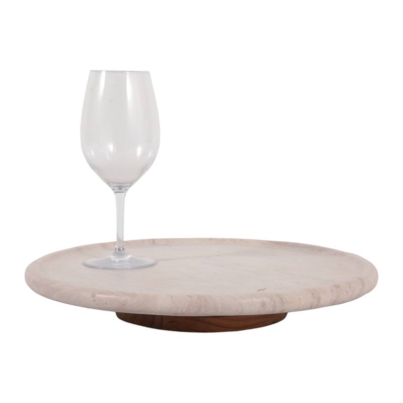 Decorative Tray - Ivory Wood Marble Round Lazy Susan - 16", Ivory - 16" x 16" x 2"