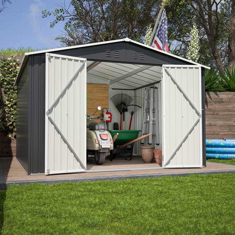 10x10 FT Outdoor Storage Shed, Utility Metal Tool Storage with Lockable Doors and Updated Frame Structure, Large Metal Shed