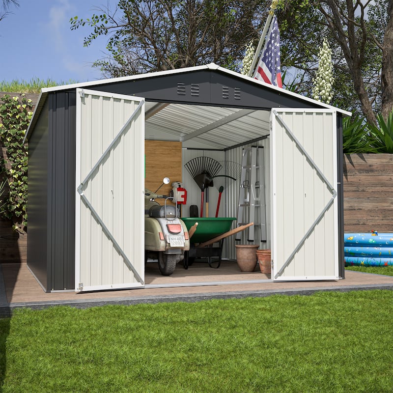 GDFStudio - Cassandra Large 10 x 10 FT Outdoor Metal Storage Shed with Lockable Doors
