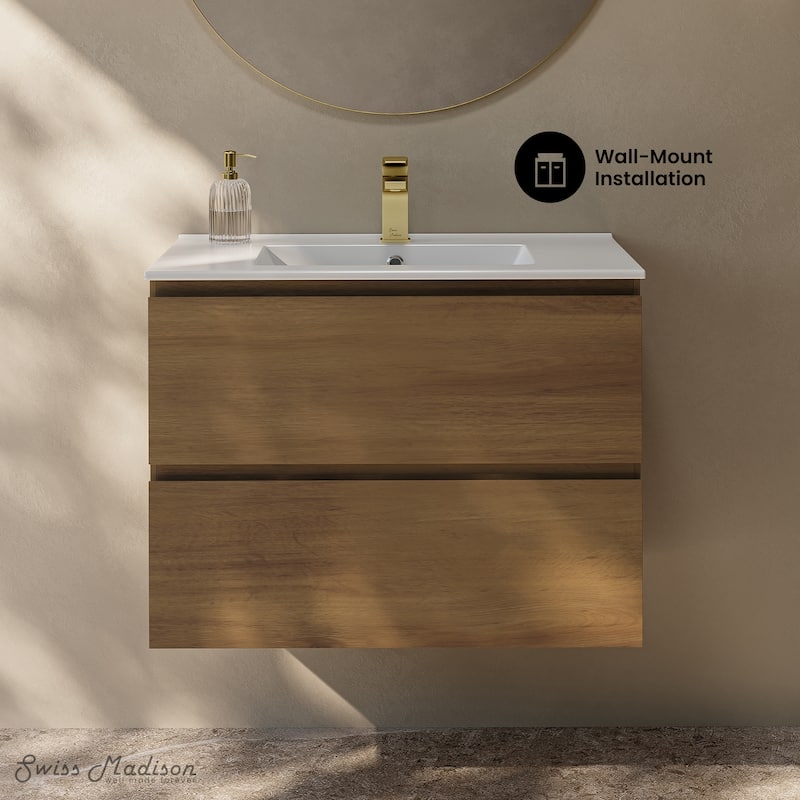 Liberte 30" Wall-Mounted Bathroom Vanity In Brown Oak With Sink Top - 30