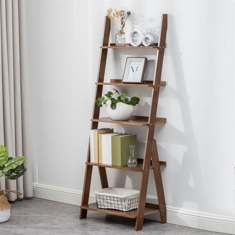 5 Tier Ladder Shelf Bookcase - 12"D x 21"W x 59"H - Walnut