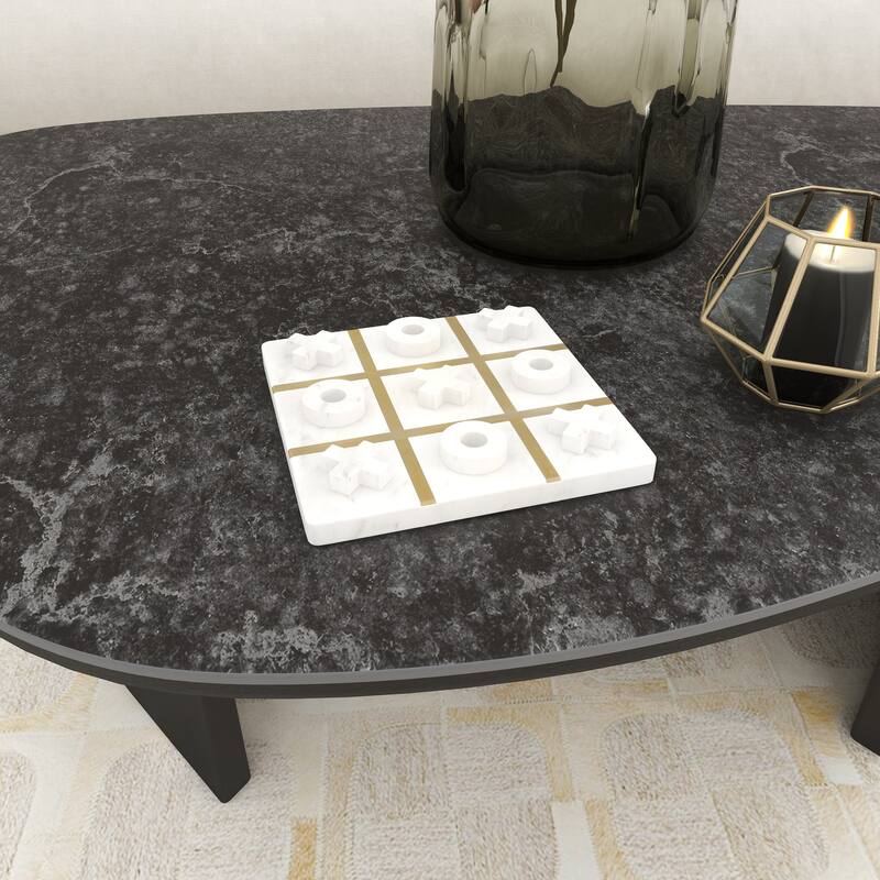 White or Black Marble Tic Tac Toe Game Set with Gold Inlay and Wood Pieces