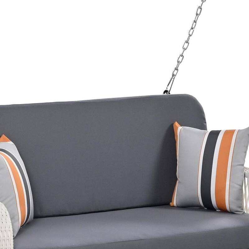 49" White Woven Rattan Outdoor Hanging Swing Chair with Gray Cushions