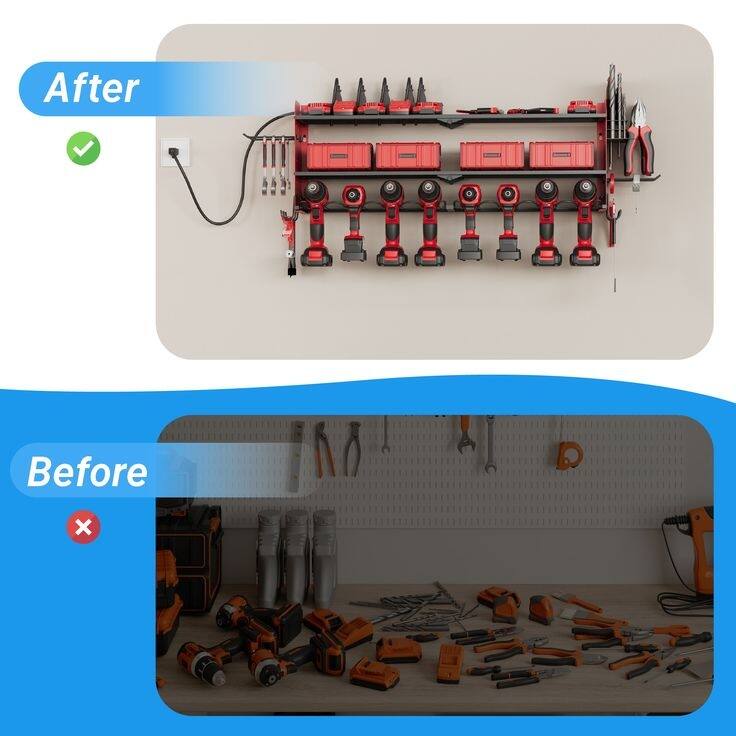 Power Tool Organizer with Charging Station Garage 8 Drill Holders Wall Mount with 8 Outlets Power Strip