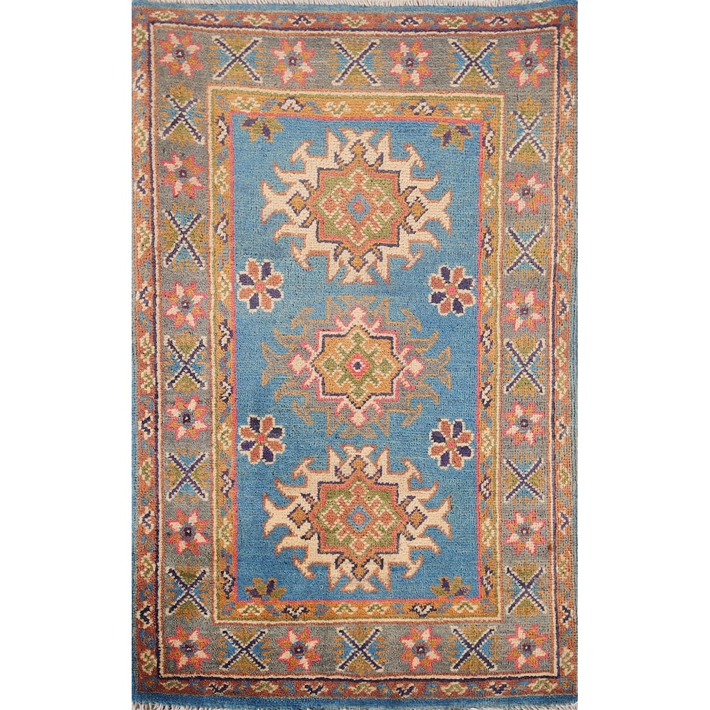 Blue Geometric Kazak Foyer Rug Hand-Knotted Oriental Wool Carpet - 2'0" x 3'1"