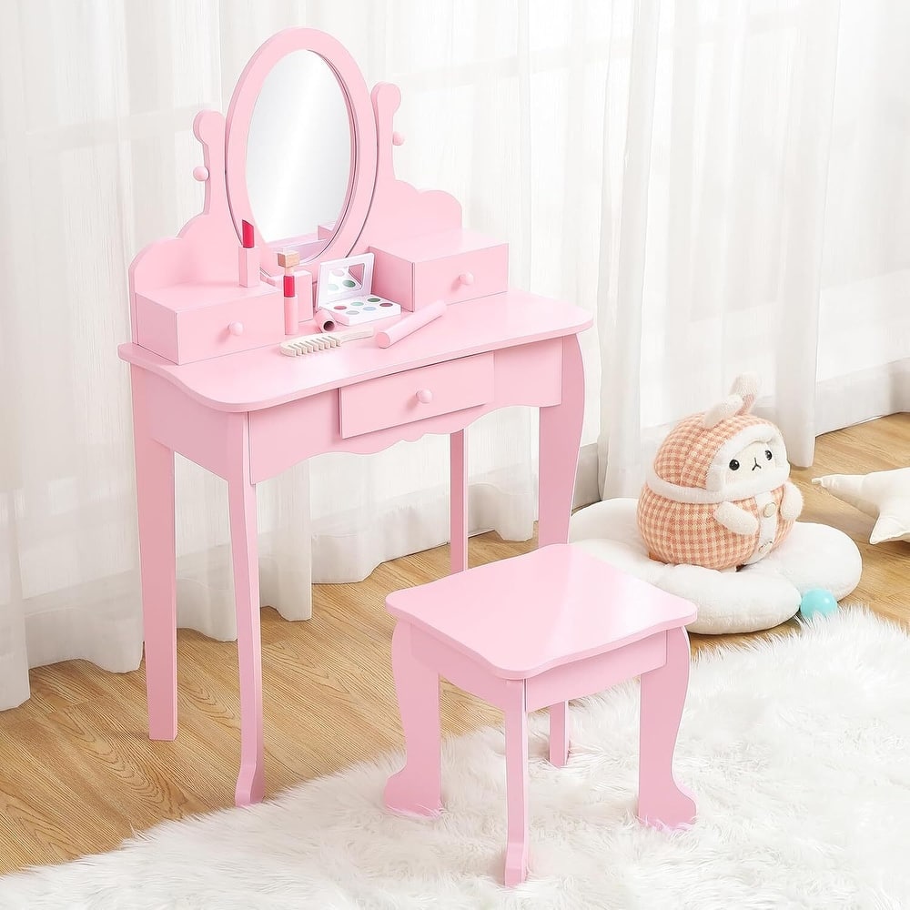 Girls Makeup Vanity Table Set with Stool, Dressup Playset