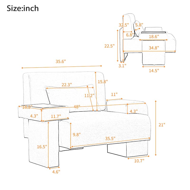 Modern Armchair Lounge Chair Sofa Chair with Built-In Storage, Wooden Table Armrest, Extra-Wide Seat