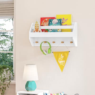 RiverRidge Kids Catch-All Wall Shelf with Bookrack and Hooks for Books and Bags - White with Pine Wood Accents