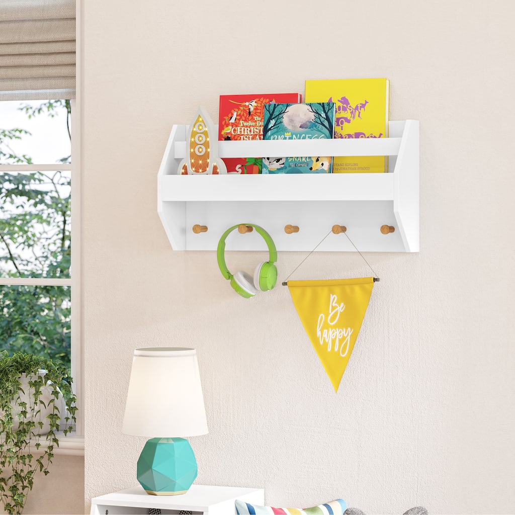 RiverRidge Kids Catch-All Wall Shelf with Bookrack and Hooks for Books and Bags - White with Pine Wood Accents