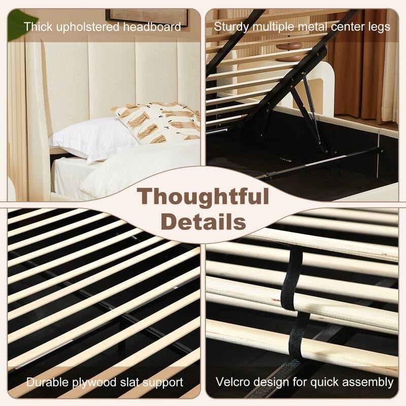 Linen Wingback Hydraulic Lift Up Storage Upholstered Platform Bed