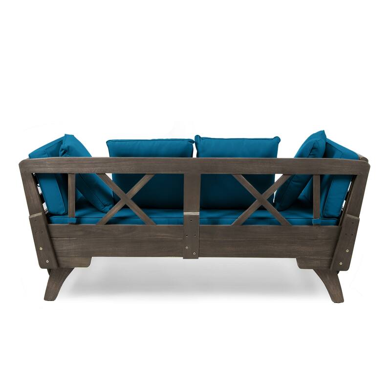 Outdoor Patio Sofa Bed, Small Wood Patio Loveseat with Adjustable Armrests & Removable Cushions, Convertible Couch, for Balcony