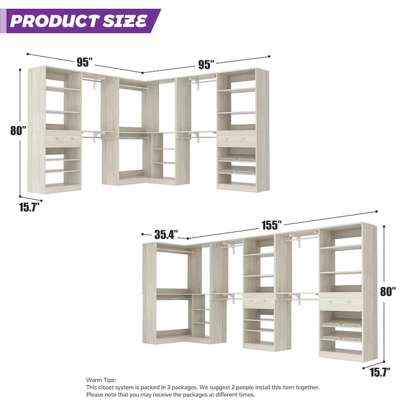 Zyntex Corner Closet System with 2 Wooden Drawers and 6 Hanging Rods, Freestanding Walk-in Closet Organizer with Storage Shelves