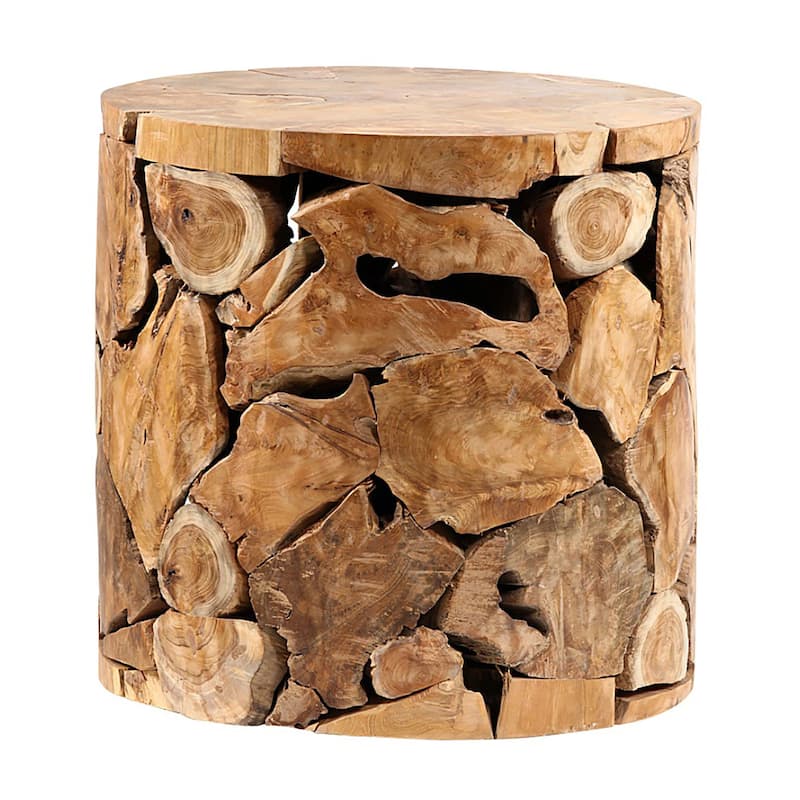 Scarlett Round Natural Teak Root Pedestal Base Glass Top Dining Table, Medium Brown