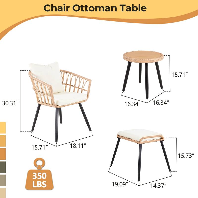 5-Piece Outdoor Wicker Bistro Chairs Set with 2 Armchair, 2 Ottoman, and Coffee Table