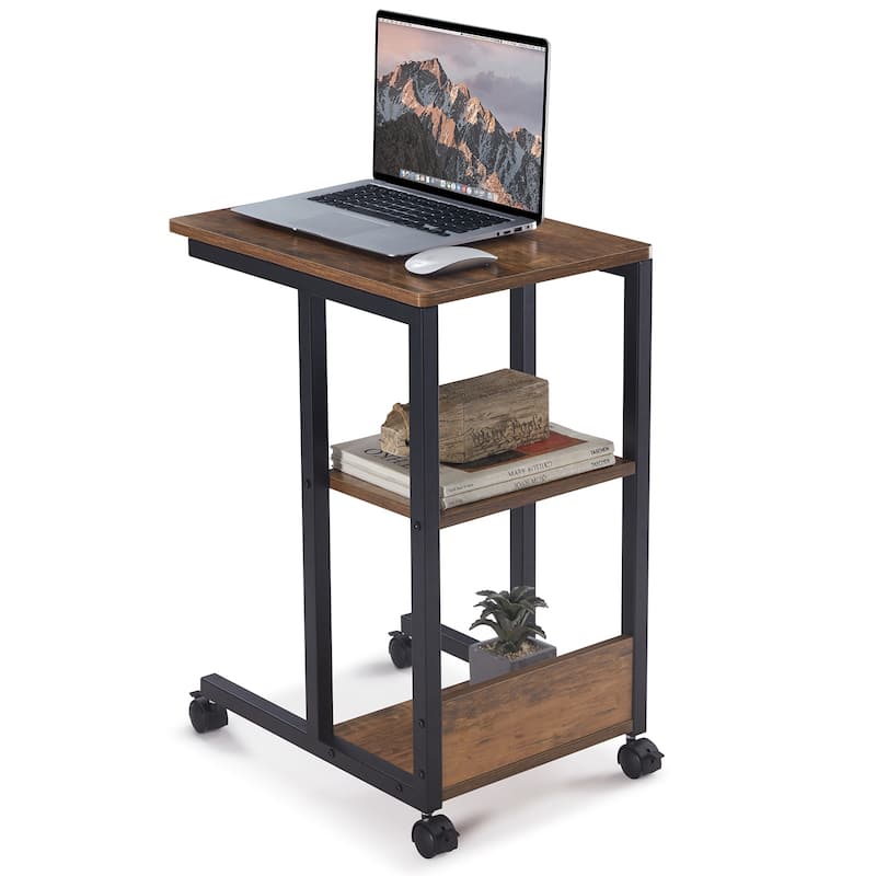 Anmytek Industrial Rolling Side Table with Lockable Wheels Multi Tier Storage Mobile Laptop Desk Snack Cart - Brown