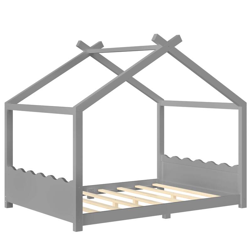 Roomfitters House Floor Bed with Support Slats, Solid Wood Open Frame Design
