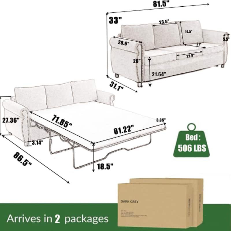 81.5" Convertible Sleeper Couch with Pull Out Bed,3 Seater Sofa Bed