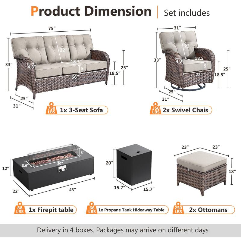 Pocassy 43-In Fire Pit w/ Outdoor Sofa Swivel Chair Ottoman Set