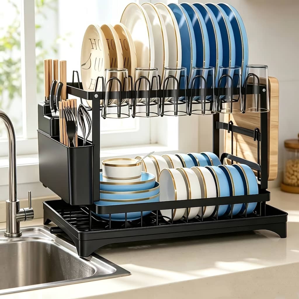 2-Tier Dish Drying Rack for Kitchen Counter,Carbon Steel Space-Saving Drying Rack with Adjustable Drain Pipe & Cutlery Holder