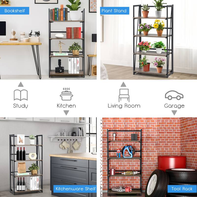 Costway 4-Tier Folding Bookshelf No-Assembly Industrial Bookcase - 23.5'' x 12'' x 46''