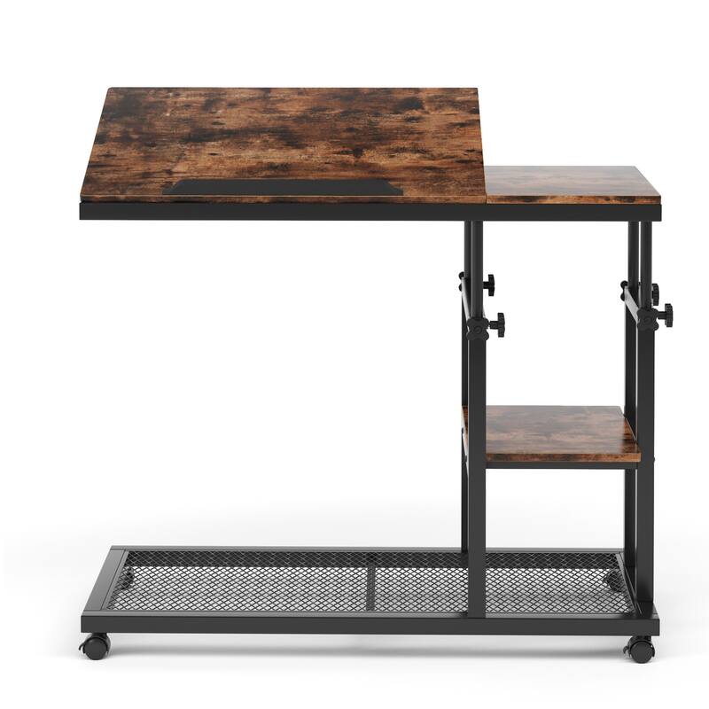 32"W Adjustable C-Shaped End Table with Wheels & Tilting Top,with Side Pocket & Storage Shelf,Rolling Overbed Couch Tray Table