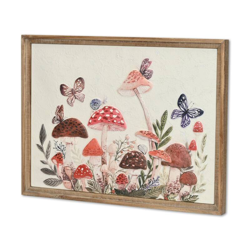 HomeRoots 20" X 26" Natural And White Butterflies and Mushrooms Metal Framed Art