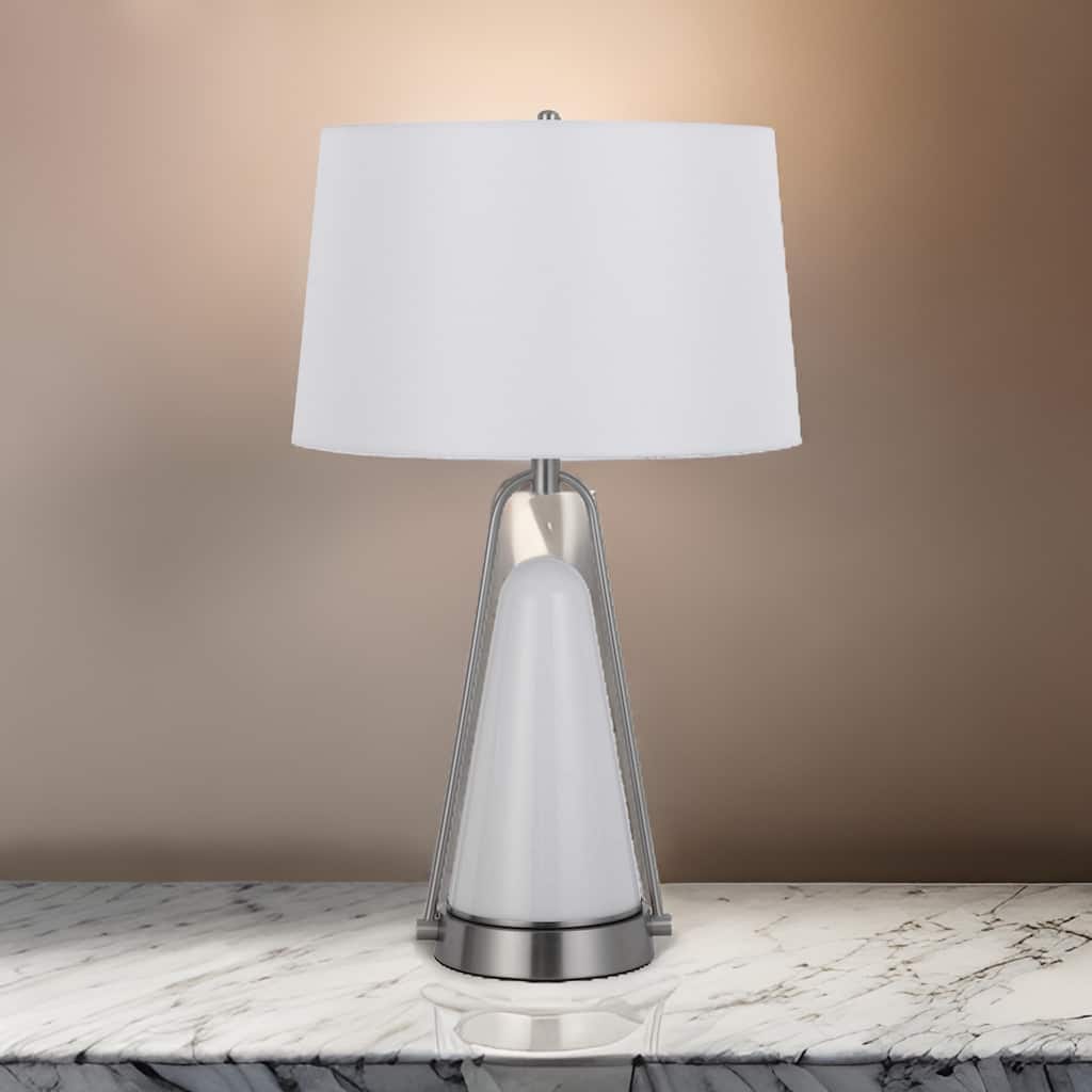 29 Inch Table Lamp, LED Lit, White Drum Hardback, Silver Metal and Glass