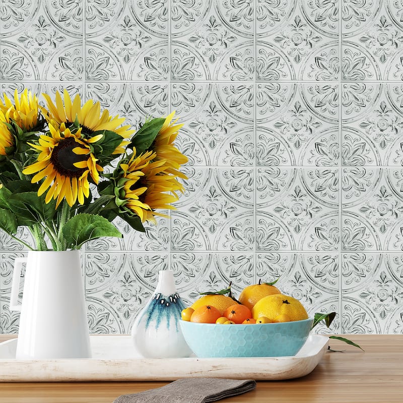 RoomMates White Tin Peel And Stick Tile Backsplash