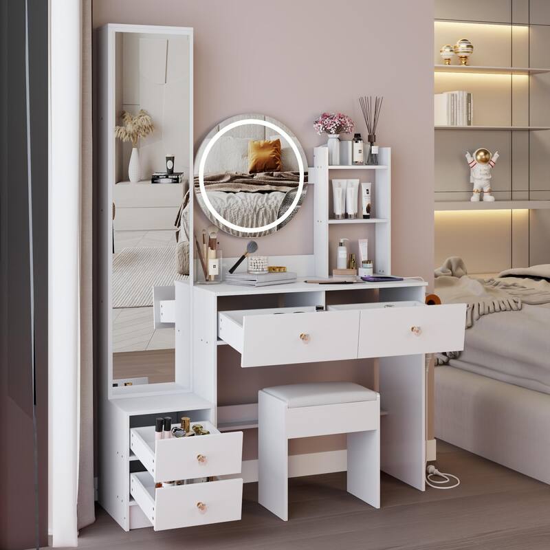 Full Body Mirror Cabinet +Round Mirror LED Vanity Table +Cushioned Stool,With 2 AC + 2 USB Power Station,17"Diameter LED Mirror