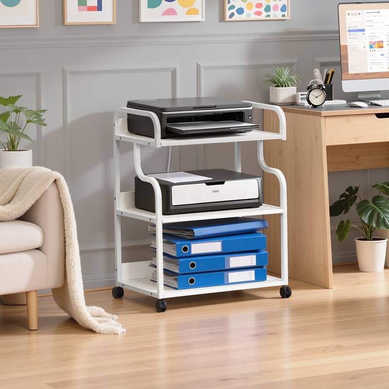 Javlergo 2-in-1 White Rolling Utility Cart with Outlets & USB Ports 3-Tier Open Shelf or 2-Tier with Door Cabinet Office Cart