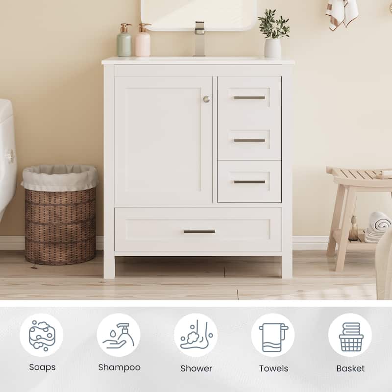 EROMMY All-in-One Bathroom Vanity with Ceramic Sink, Soft-Close Storage Cabinet & Drawer, Glossy Countertop, White