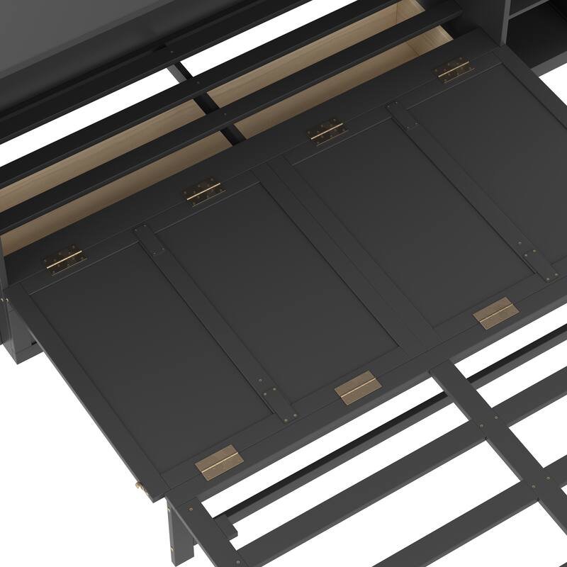 Foldable Wall Cabinet Queen Murphy Bed with Drawers and Open Shelves