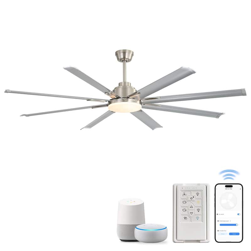 52"/66"/72"/76 Inch Modern Ceiling Fan with Dimmable LED Light ,Remote&APP Control,8 Blades for Large Living Room,Porch - 72 Inch - Nickel Silver